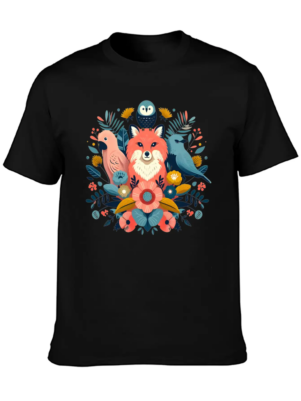 Floral Fox And Avian Harmony Timeless Short Sleeve Tee – Comfy And Minimalist Design