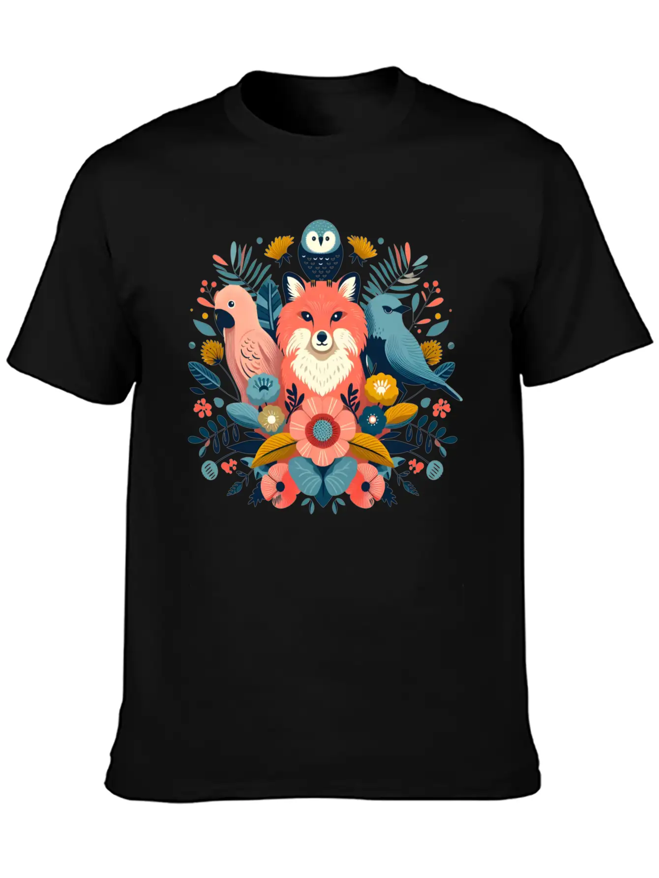 Floral Fox And Avian Harmony Timeless Short Sleeve Tee – Comfy And Minimalist Design