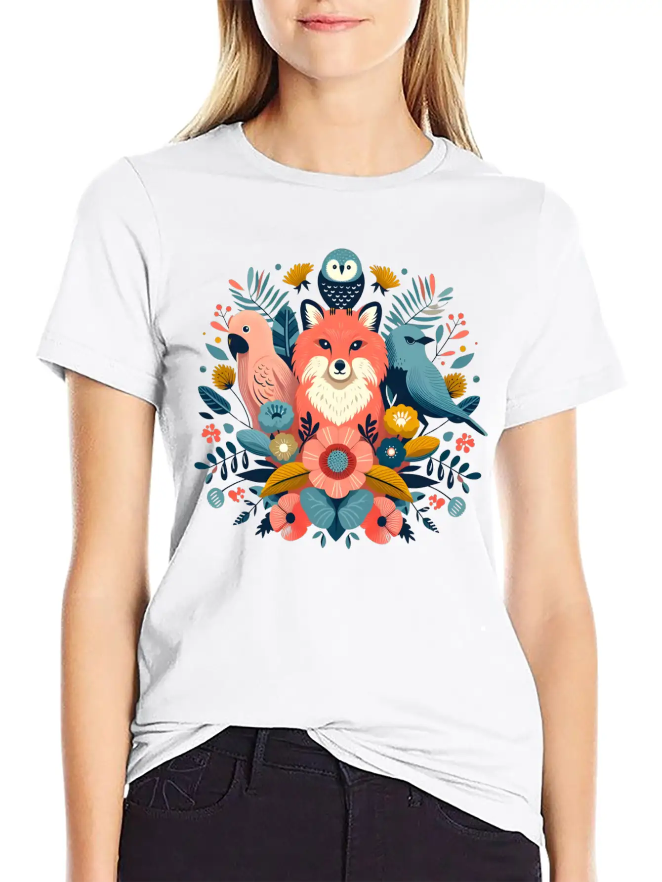Floral Fox And Avian Harmony Timeless Short Sleeve Tee – Comfy And Minimalist Design