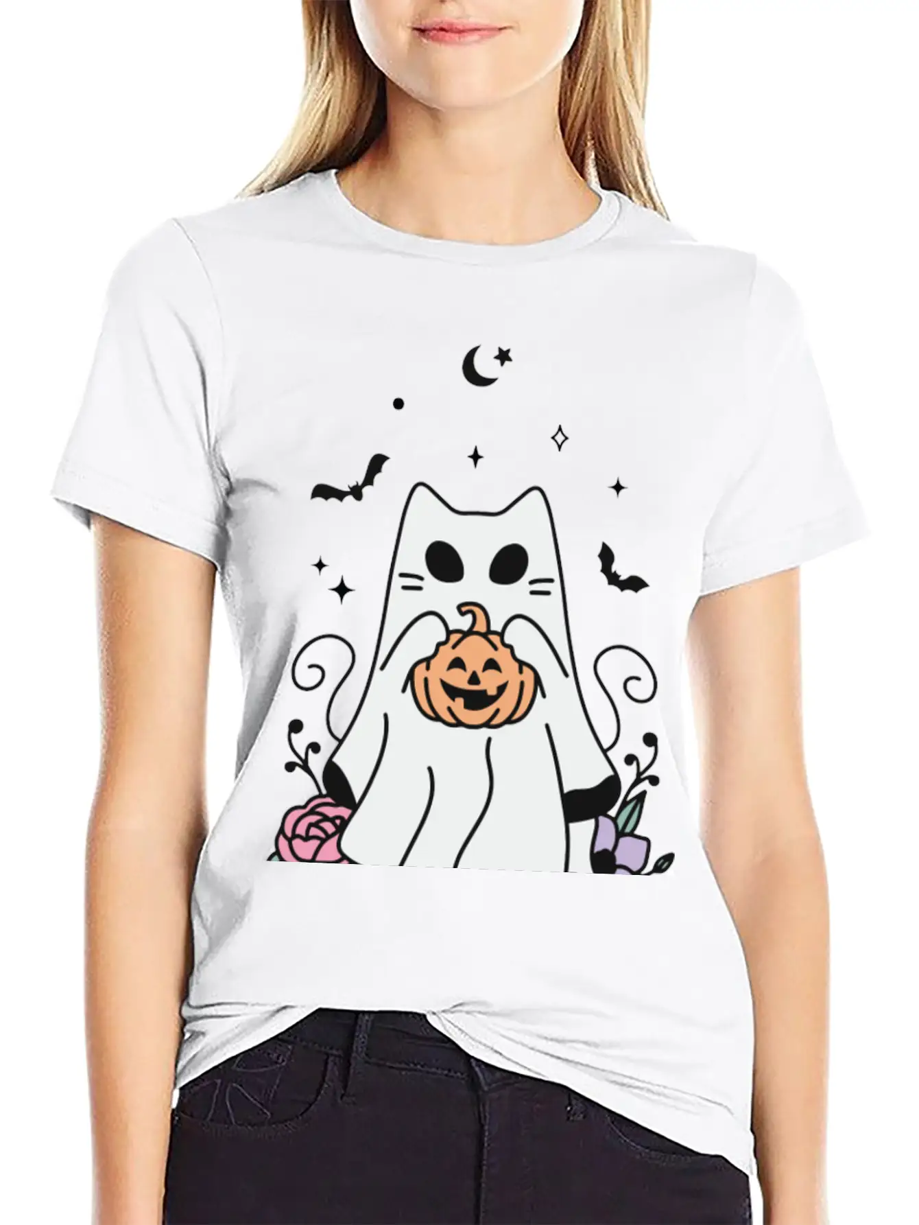 Floral Ghost Cat Halloween Timeless Short Sleeve Tee – Comfy And Minimalist Design