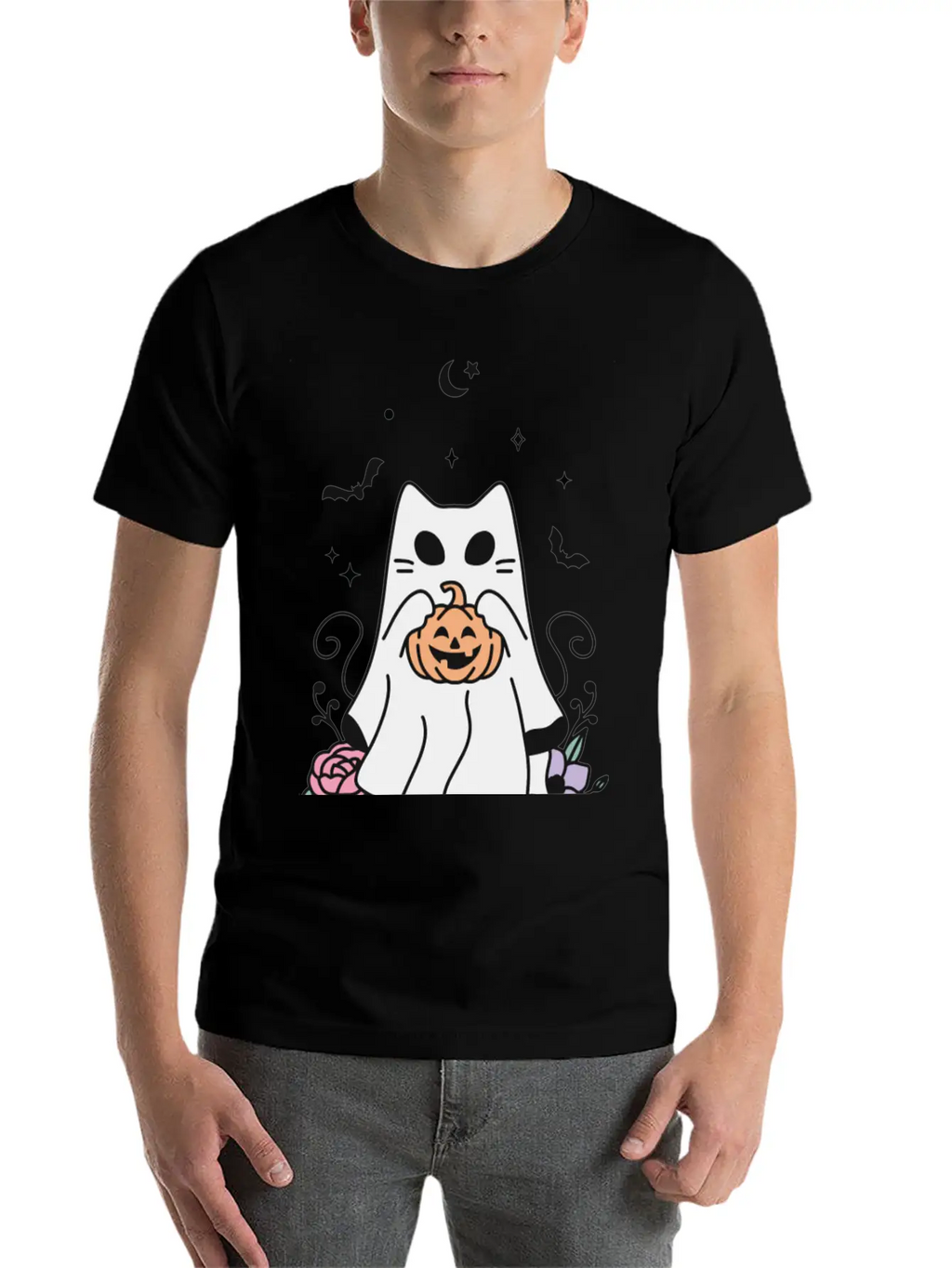 Floral Ghost Cat Halloween Timeless Short Sleeve Tee – Comfy And Minimalist Design