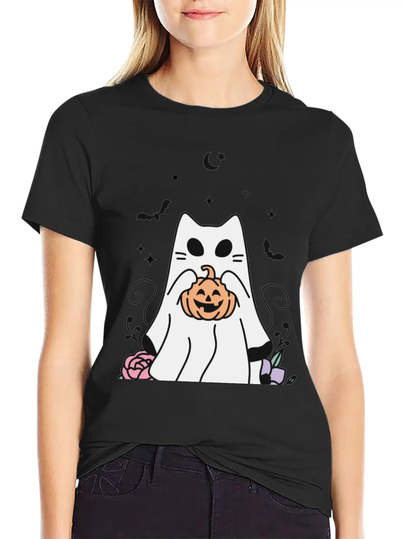 Floral Ghost Cat Halloween Timeless Short Sleeve Tee – Comfy And Minimalist Design