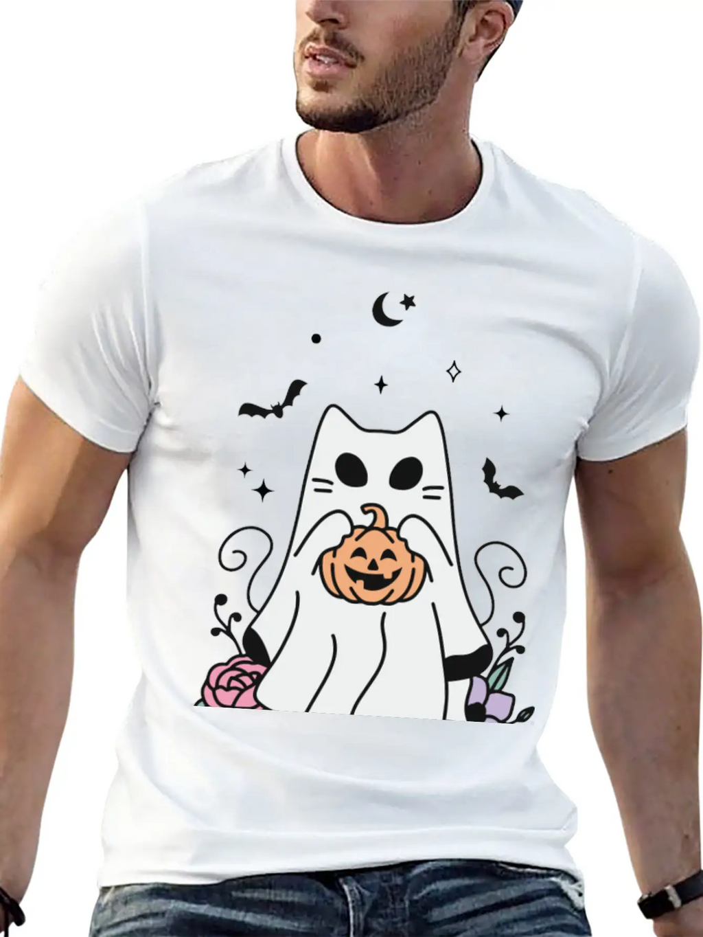 Floral Ghost Cat Halloween Timeless Short Sleeve Tee – Comfy And Minimalist Design