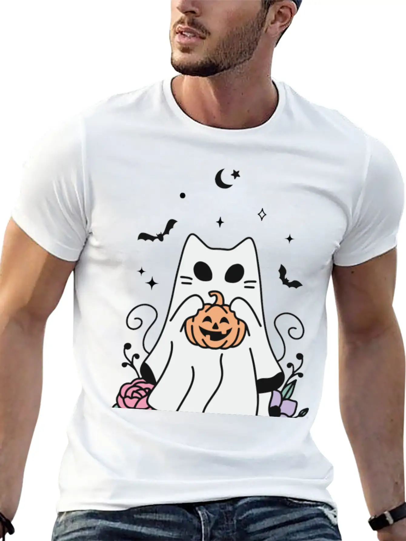 Floral Ghost Cat Halloween Timeless Short Sleeve Tee – Comfy And Minimalist Design