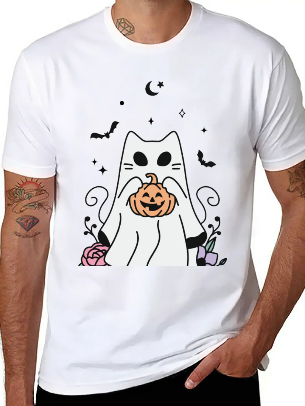 Floral Ghost Cat Halloween Timeless Short Sleeve Tee – Comfy And Minimalist Design
