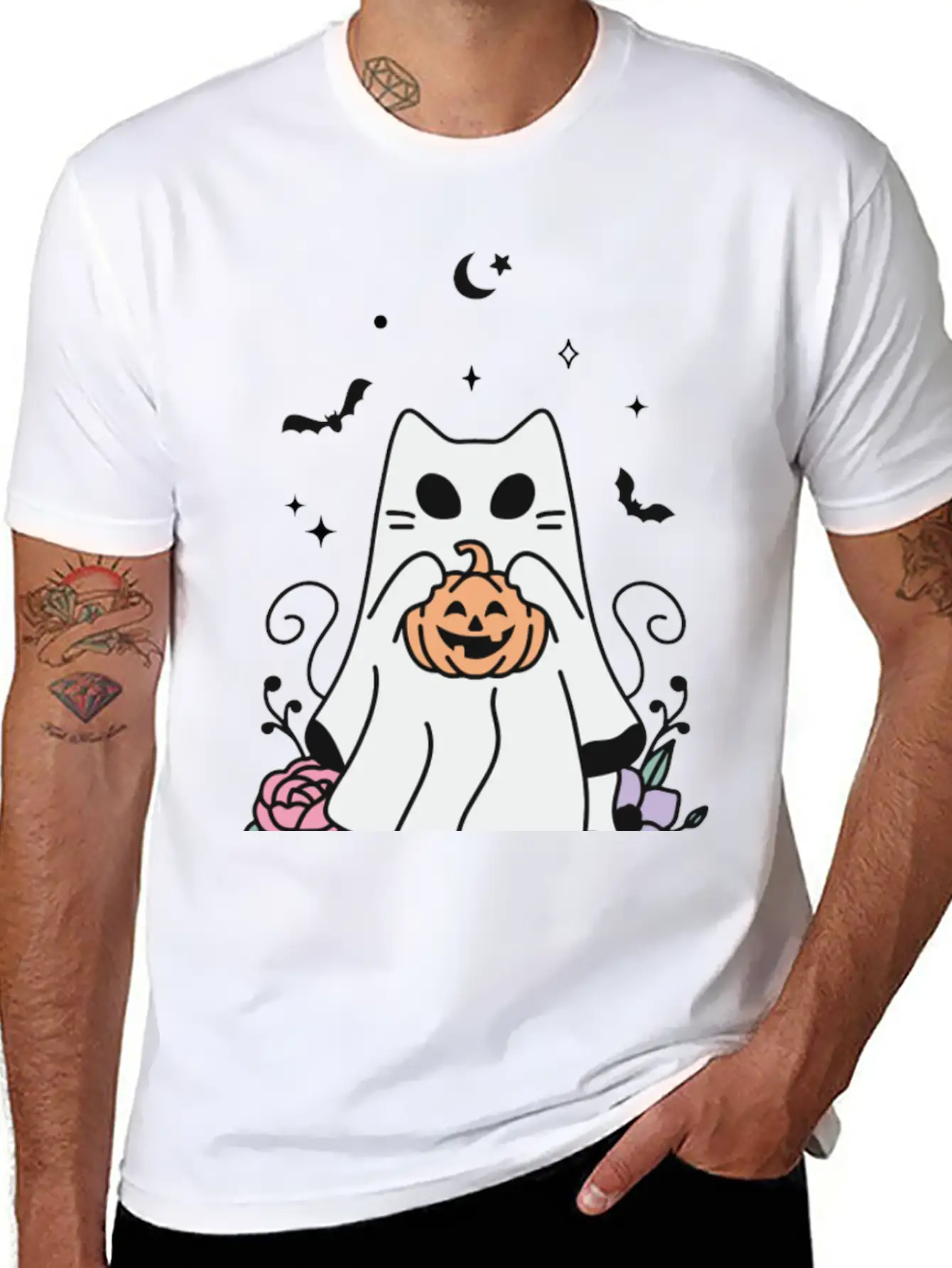 Floral Ghost Cat Halloween Timeless Short Sleeve Tee – Comfy And Minimalist Design