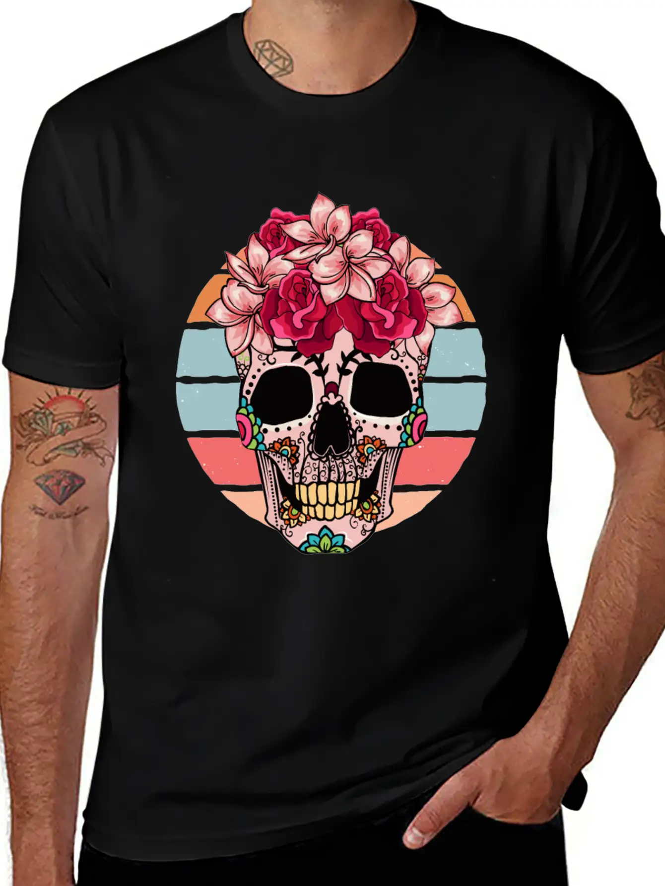 Flower Skull Sugar Roses Women Halloween Timeless Short Sleeve Tee – Comfy And Minimalist Design