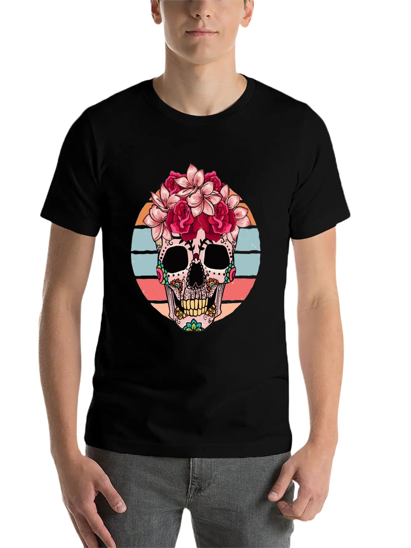 Flower Skull Sugar Roses Women Halloween Timeless Short Sleeve Tee – Comfy And Minimalist Design