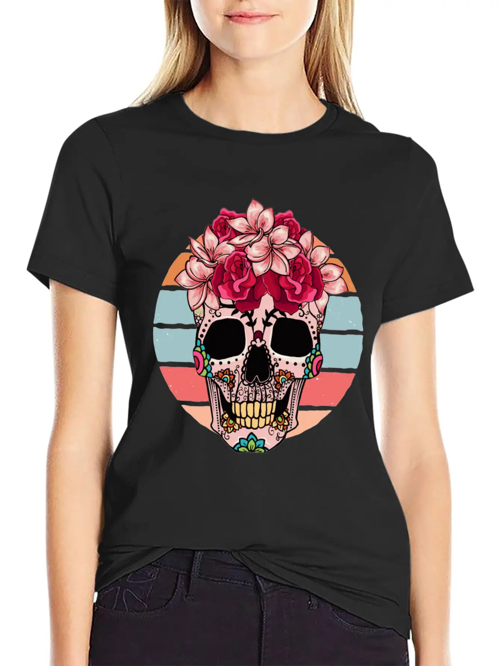 Flower Skull Sugar Roses Women Halloween Timeless Short Sleeve Tee – Comfy And Minimalist Design