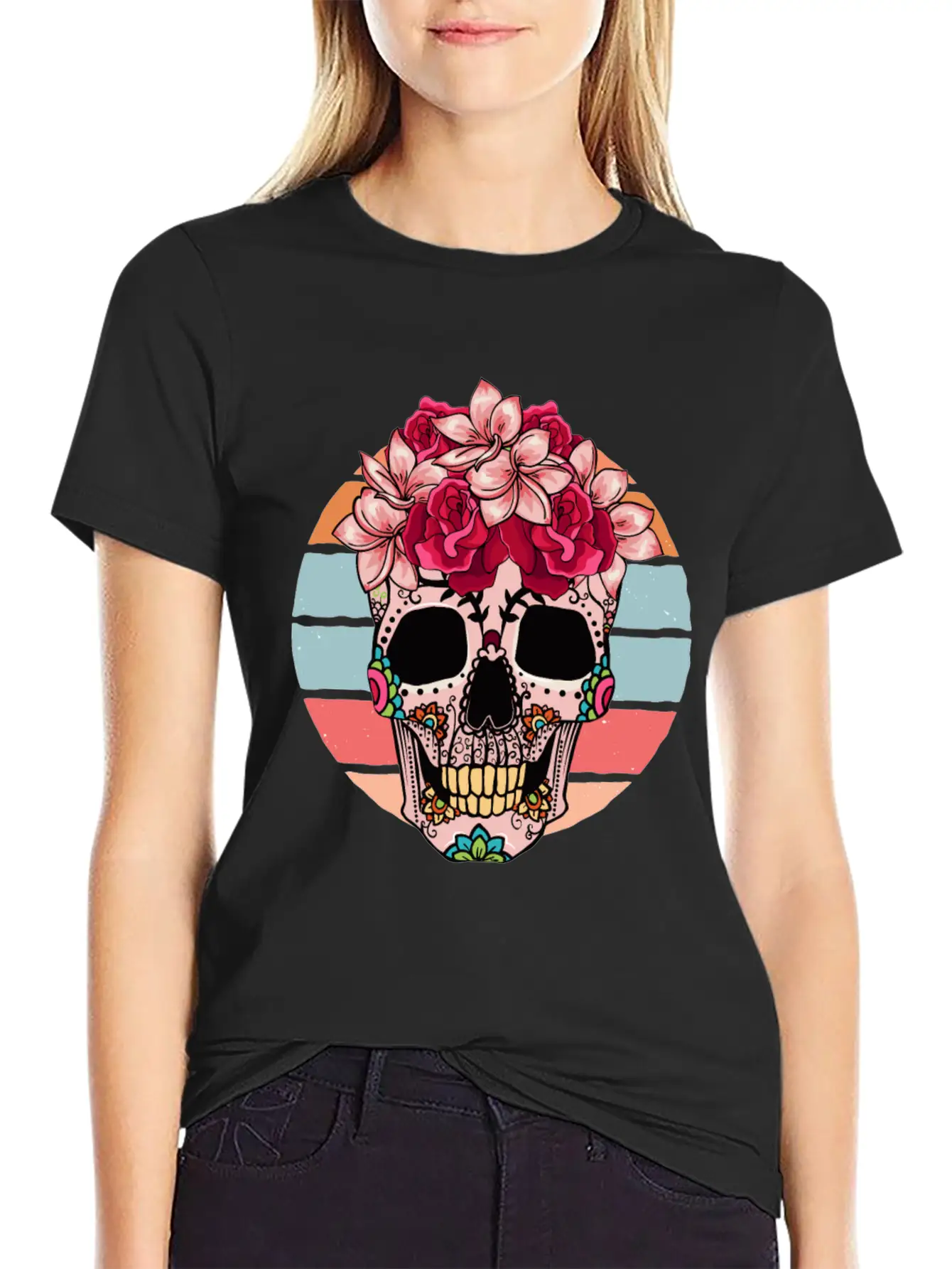 Flower Skull Sugar Roses Women Halloween Timeless Short Sleeve Tee – Comfy And Minimalist Design