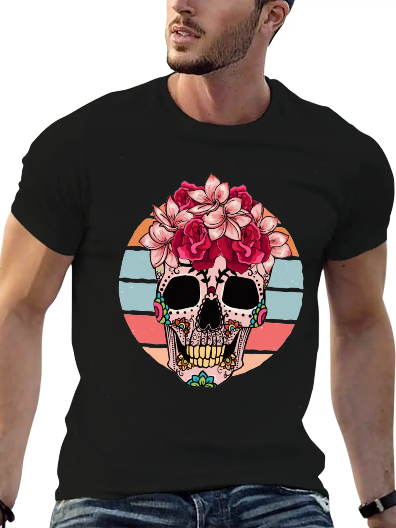 Flower Skull Sugar Roses Women Halloween Timeless Short Sleeve Tee – Comfy And Minimalist Design