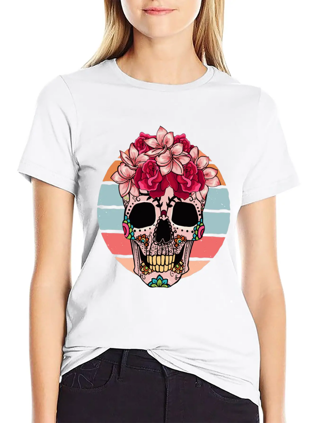 Flower Skull Sugar Roses Women Halloween Timeless Short Sleeve Tee – Comfy And Minimalist Design