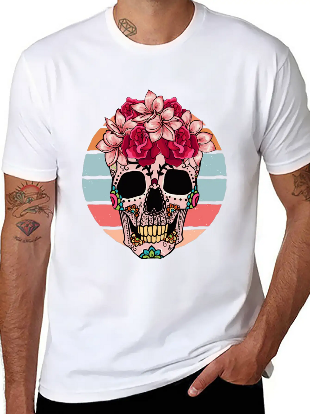 Flower Skull Sugar Roses Women Halloween Timeless Short Sleeve Tee – Comfy And Minimalist Design