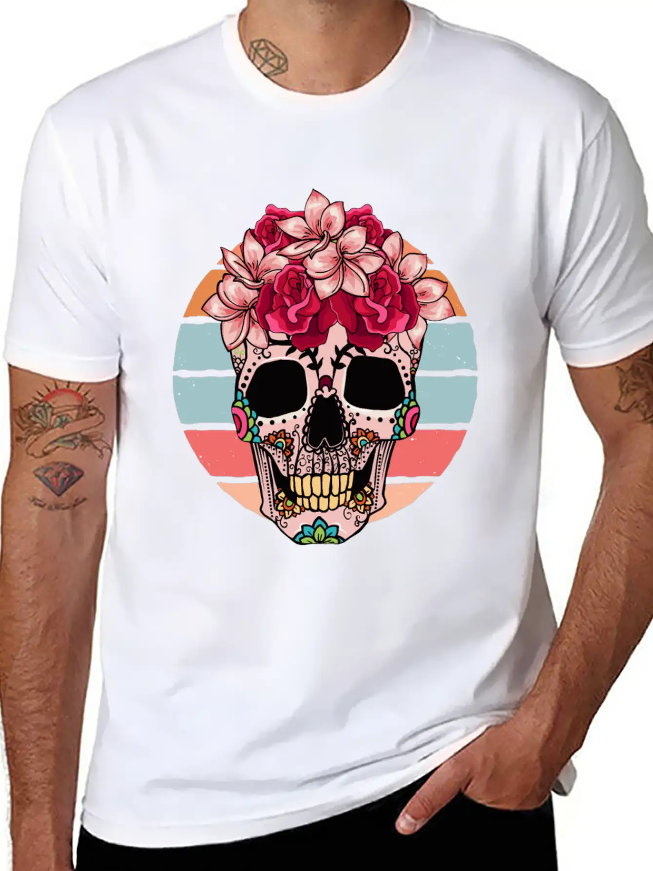 Flower Skull Sugar Roses Women Halloween Timeless Short Sleeve Tee – Comfy And Minimalist Design