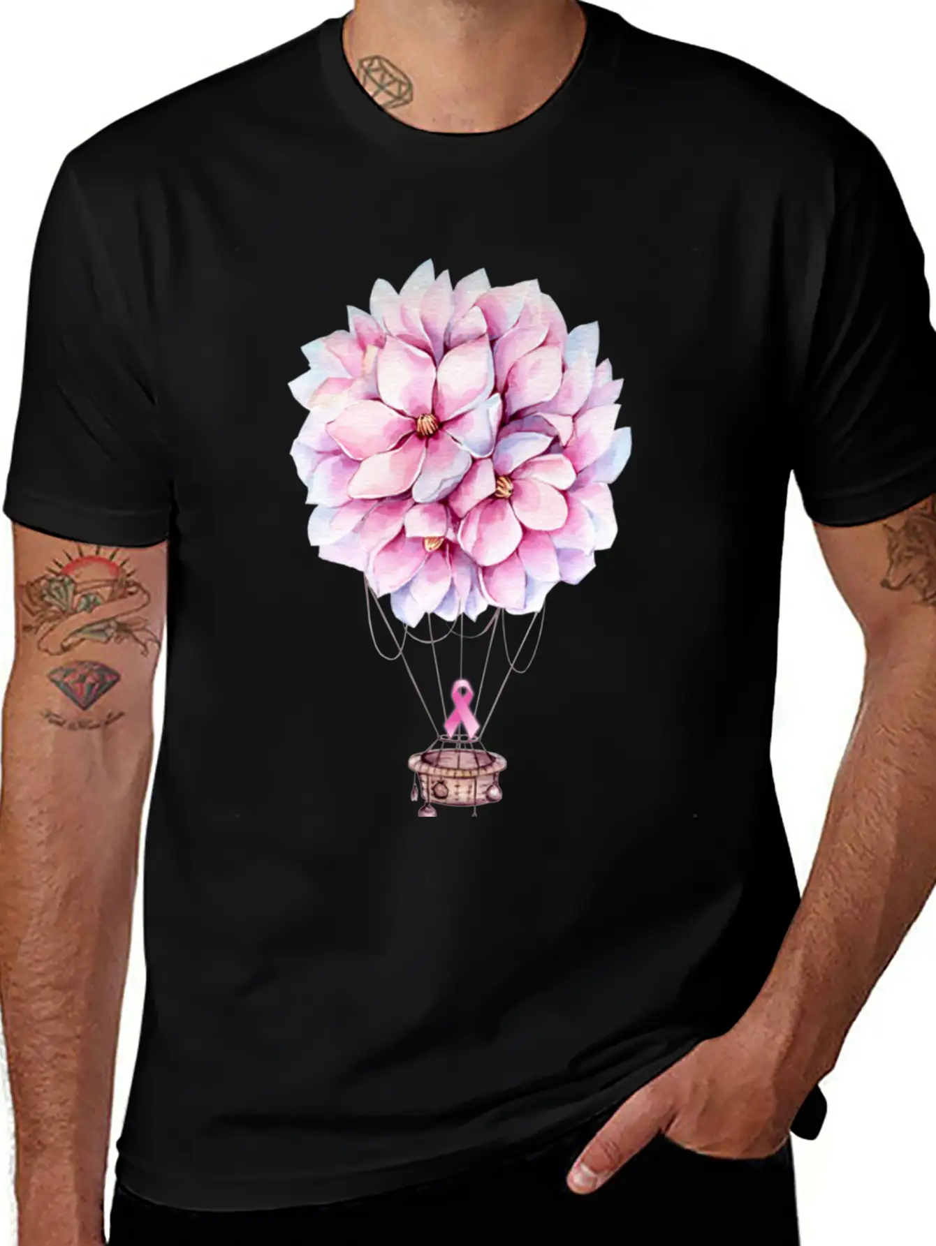 Flowers Hot Air Balloon Breast Cancer Awareness Essential Cotton Tee For Daily Outfits – Unisex Style
