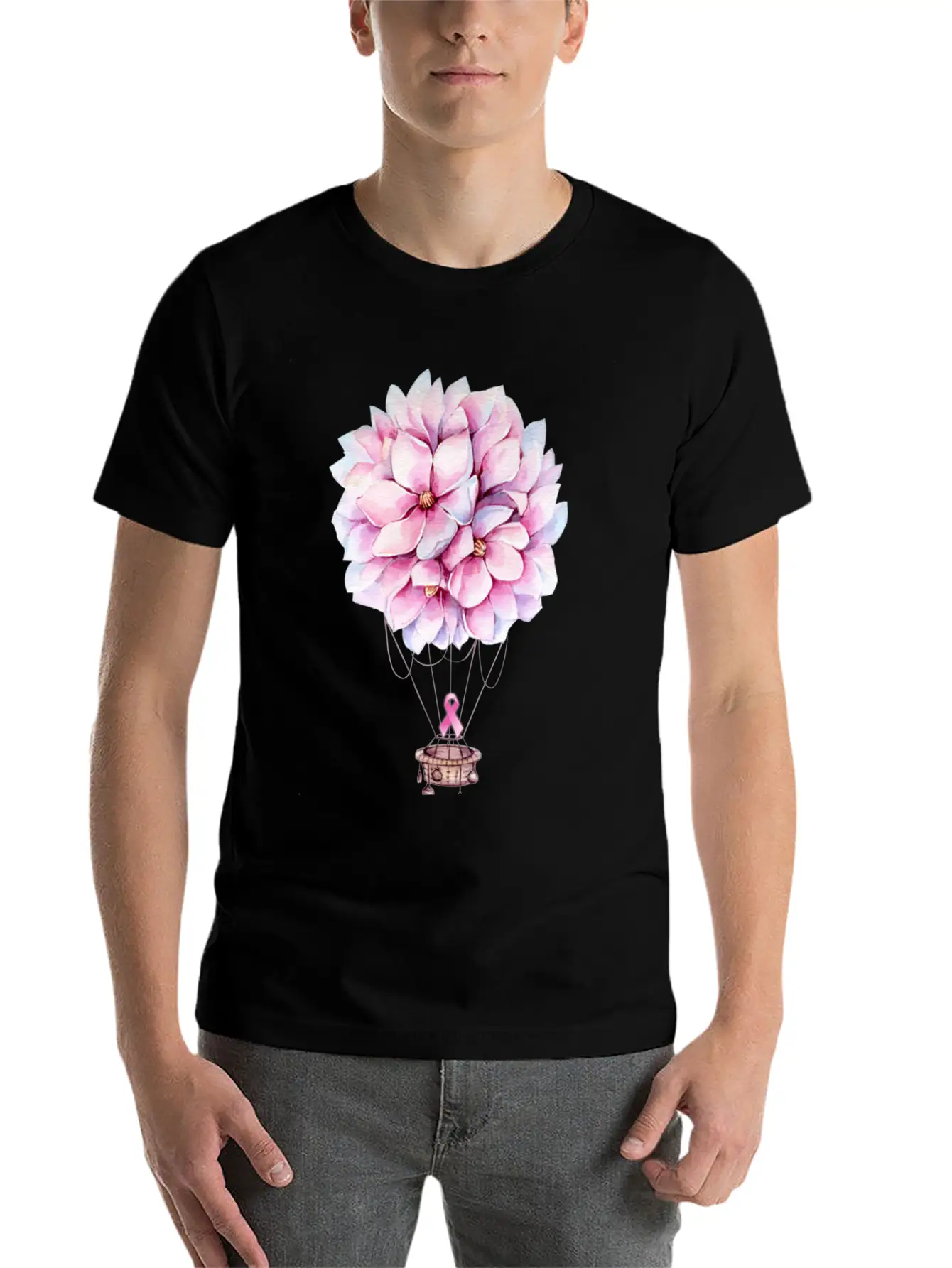 Flowers Hot Air Balloon Breast Cancer Awareness Essential Cotton Tee For Daily Outfits – Unisex Style