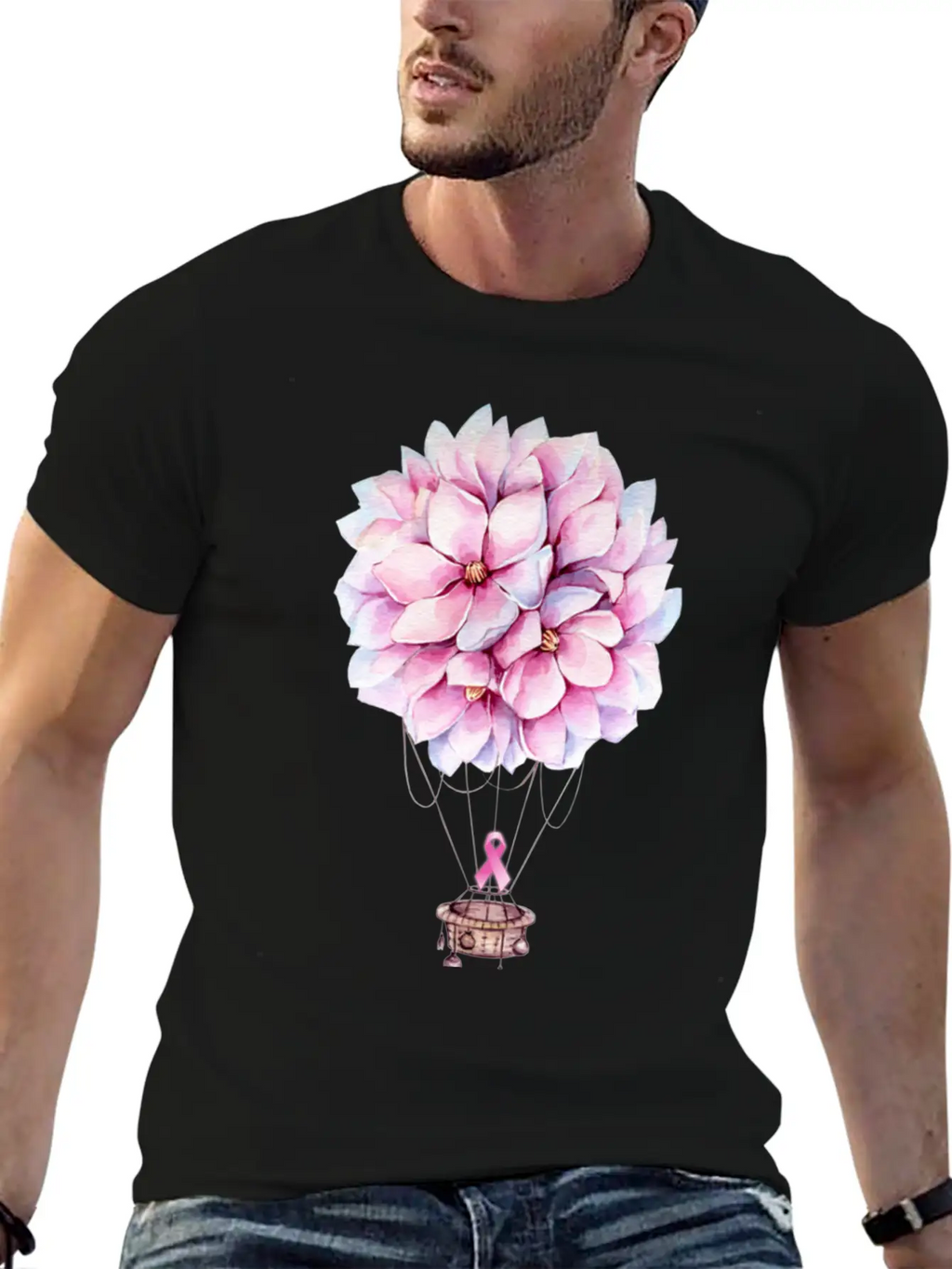 Flowers Hot Air Balloon Breast Cancer Awareness Essential Cotton Tee For Daily Outfits – Unisex Style