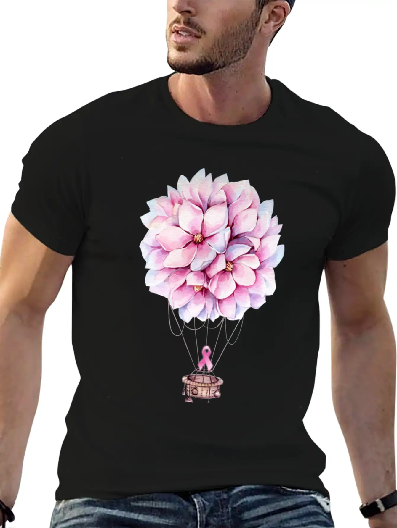 Flowers Hot Air Balloon Breast Cancer Awareness Essential Cotton Tee For Daily Outfits – Unisex Style