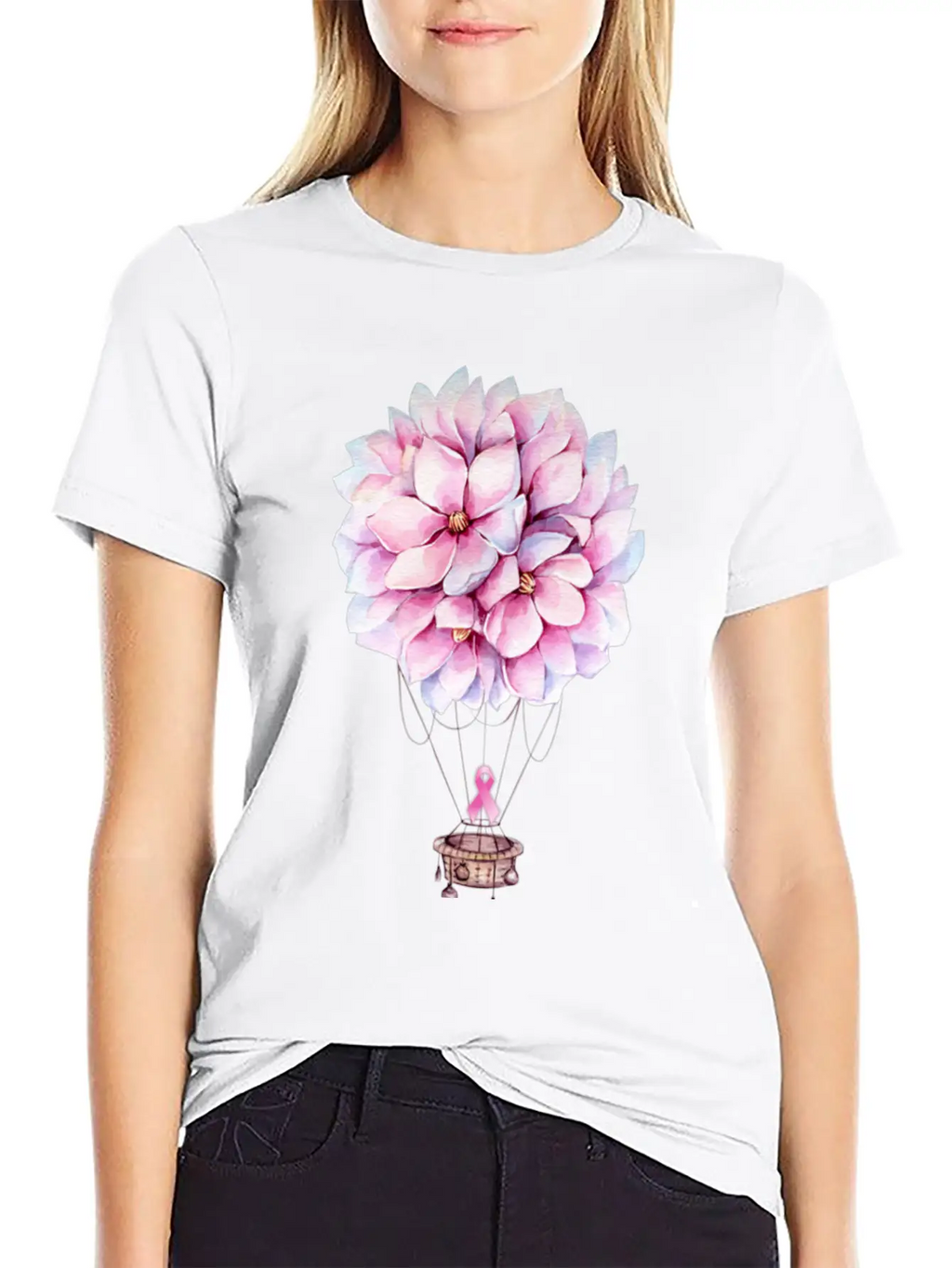 Flowers Hot Air Balloon Breast Cancer Awareness Essential Cotton Tee For Daily Outfits – Unisex Style