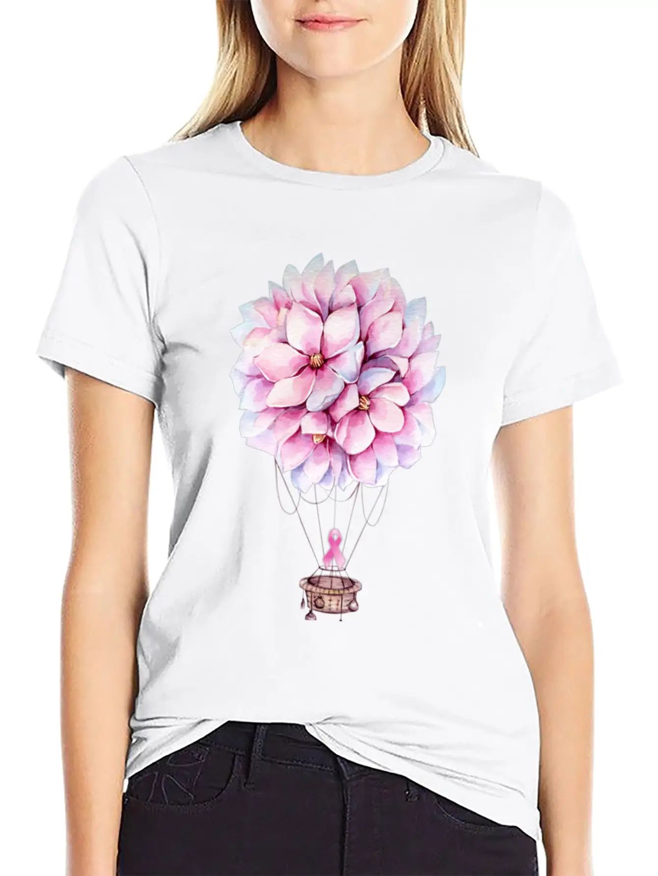 Flowers Hot Air Balloon Breast Cancer Awareness Essential Cotton Tee For Daily Outfits – Unisex Style