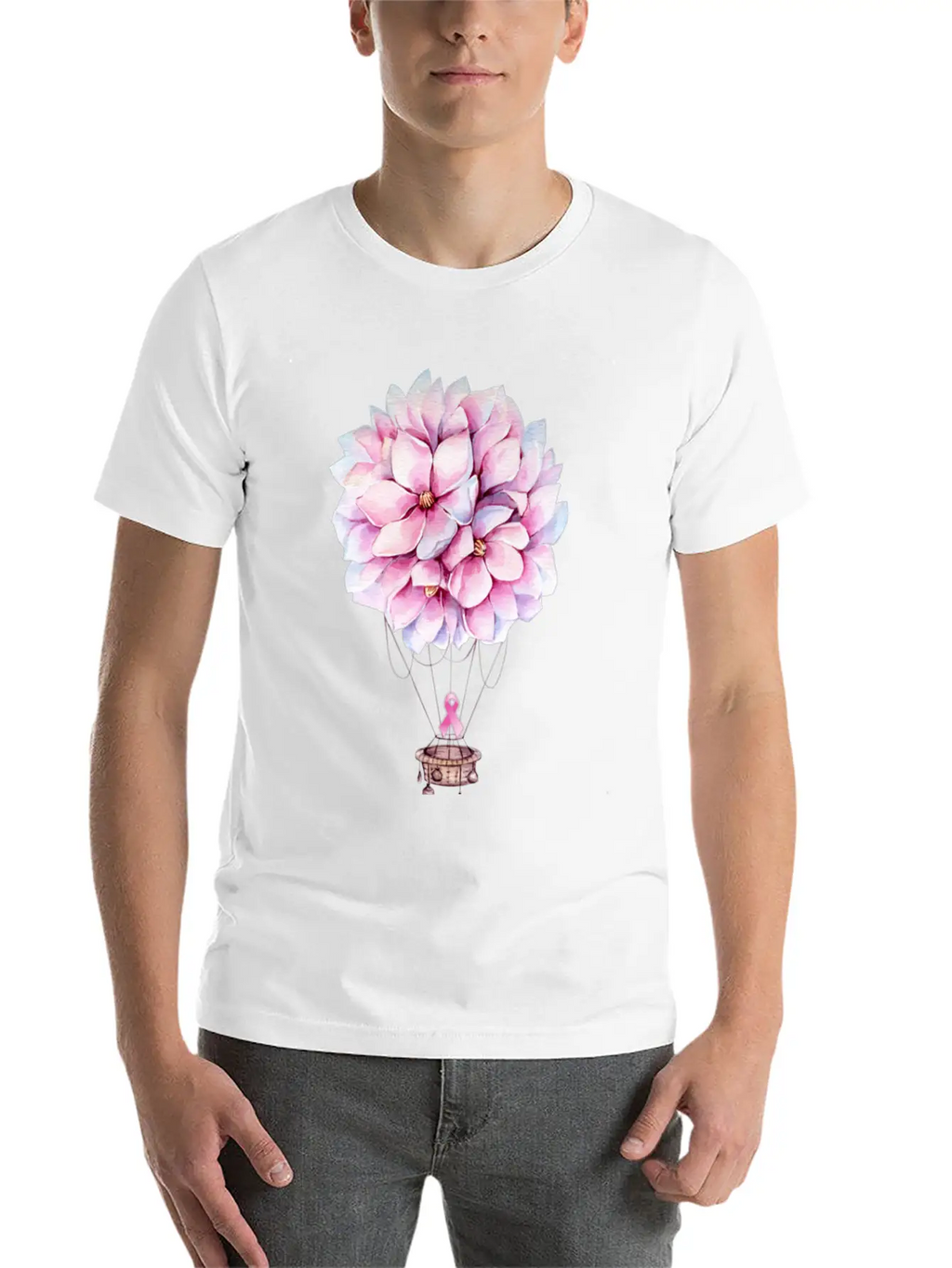 Flowers Hot Air Balloon Breast Cancer Awareness Essential Cotton Tee For Daily Outfits – Unisex Style