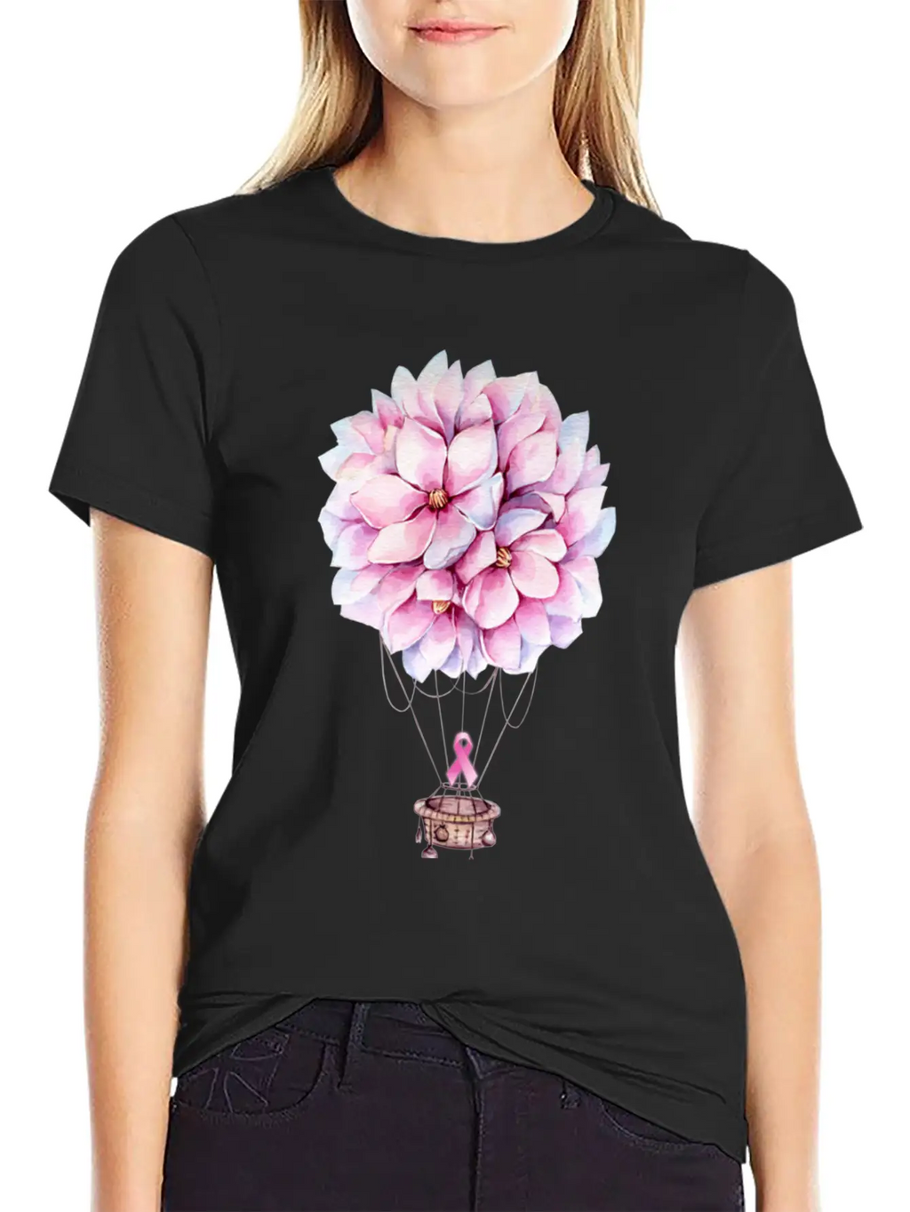 Flowers Hot Air Balloon Breast Cancer Awareness Essential Cotton Tee For Daily Outfits – Unisex Style