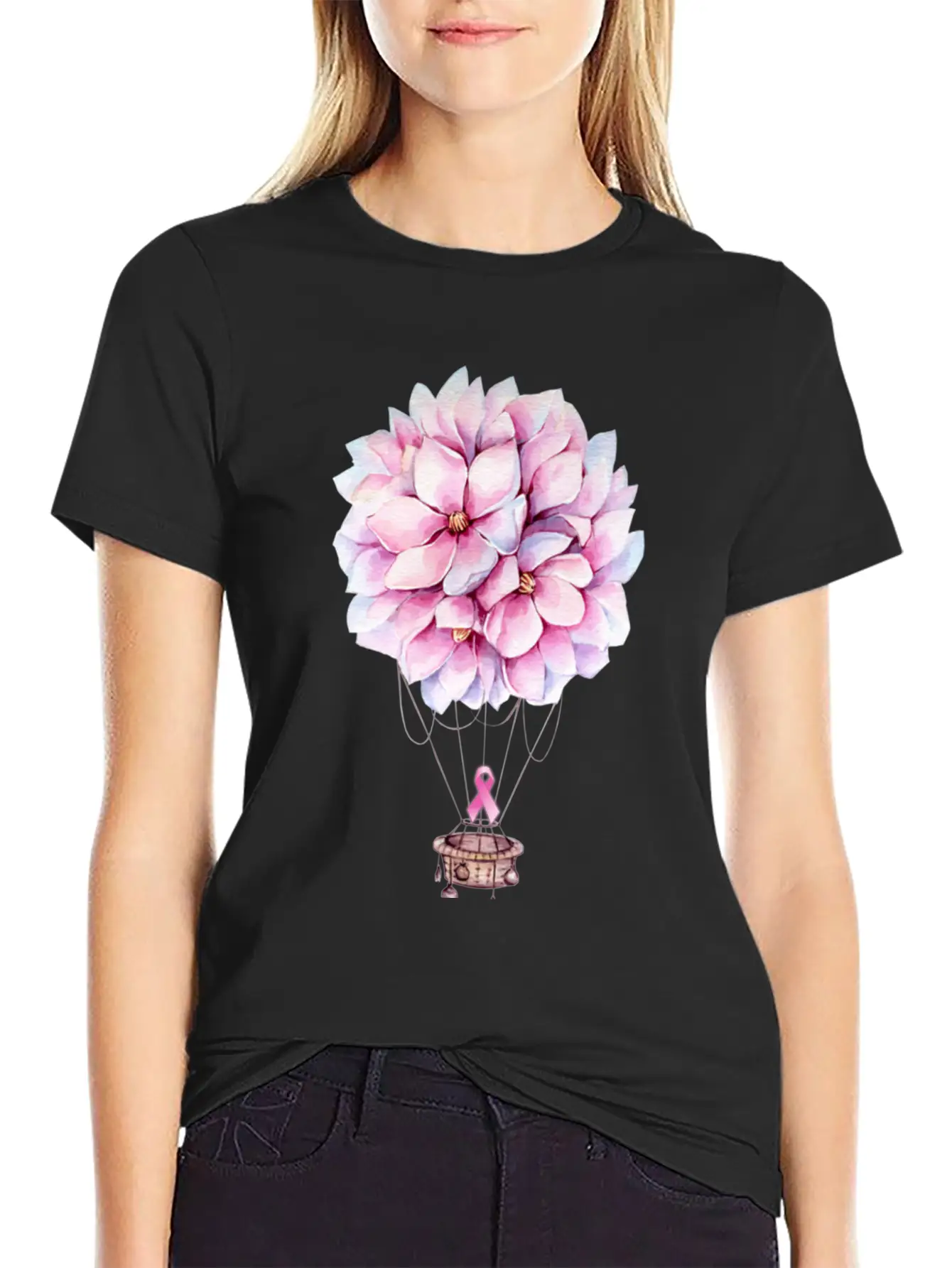 Flowers Hot Air Balloon Breast Cancer Awareness Essential Cotton Tee For Daily Outfits – Unisex Style