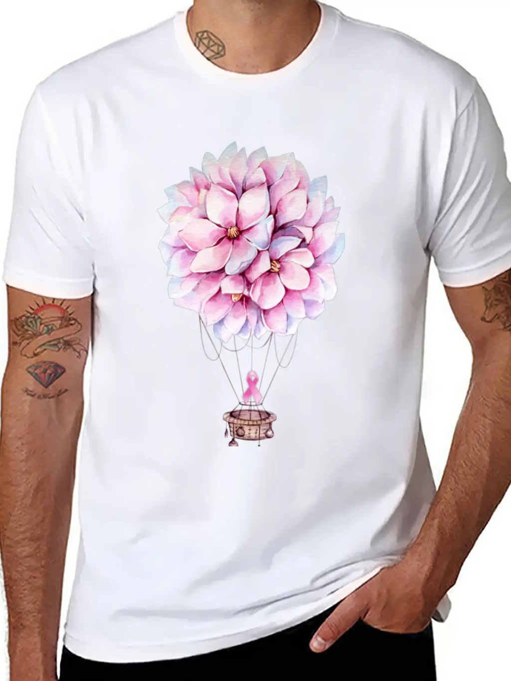 Flowers Hot Air Balloon Breast Cancer Awareness Essential Cotton Tee For Daily Outfits – Unisex Style