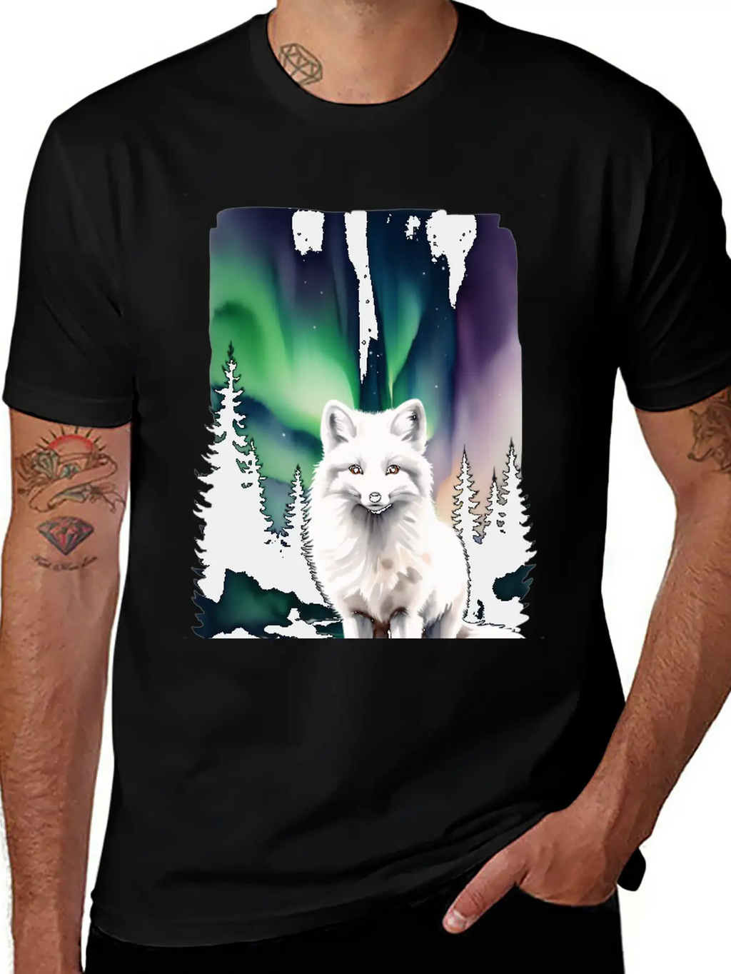 Fluffy Arctic Fox With Northern Lights Basic Graphic T-Shirt – Daily Comfort In Soft Cotton
