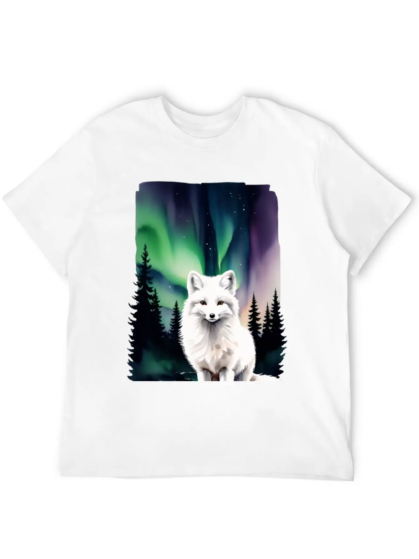 Fluffy Arctic Fox With Northern Lights Basic Graphic T-Shirt – Daily Comfort In Soft Cotton