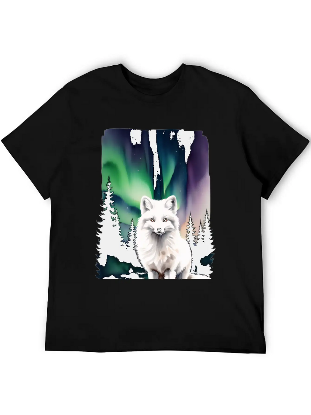 Fluffy Arctic Fox With Northern Lights Basic Graphic T-Shirt – Daily Comfort In Soft Cotton