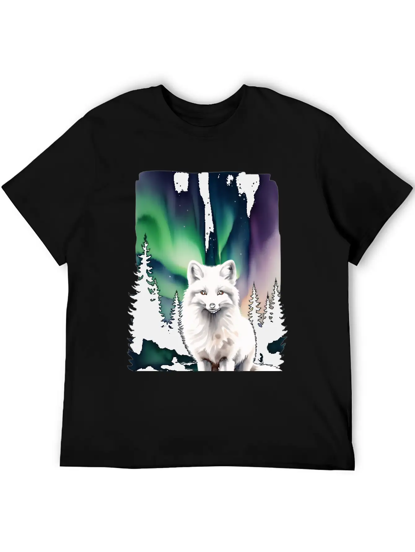 Fluffy Arctic Fox With Northern Lights Basic Graphic T-Shirt – Daily Comfort In Soft Cotton