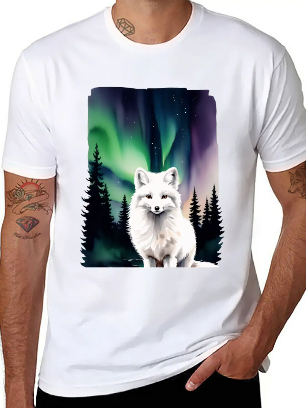 Fluffy Arctic Fox With Northern Lights Basic Graphic T-Shirt – Daily Comfort In Soft Cotton