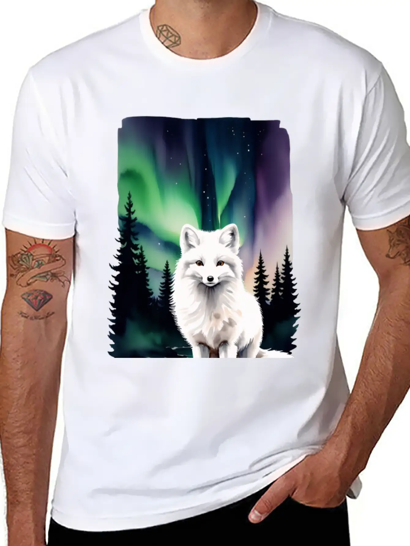 Fluffy Arctic Fox With Northern Lights Basic Graphic T-Shirt – Daily Comfort In Soft Cotton