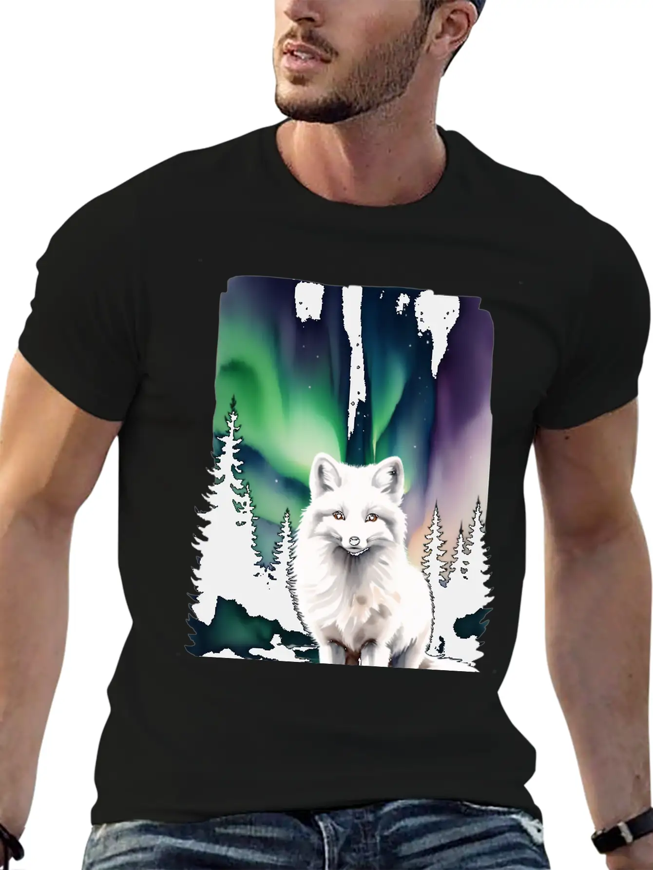 Fluffy Arctic Fox With Northern Lights Basic Graphic T-Shirt – Daily Comfort In Soft Cotton