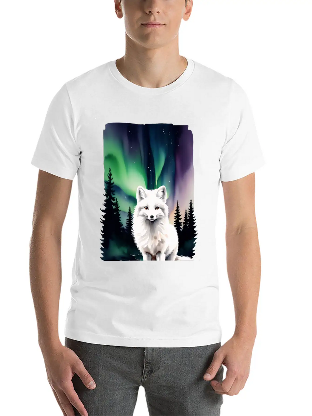 Fluffy Arctic Fox With Northern Lights Basic Graphic T-Shirt – Daily Comfort In Soft Cotton