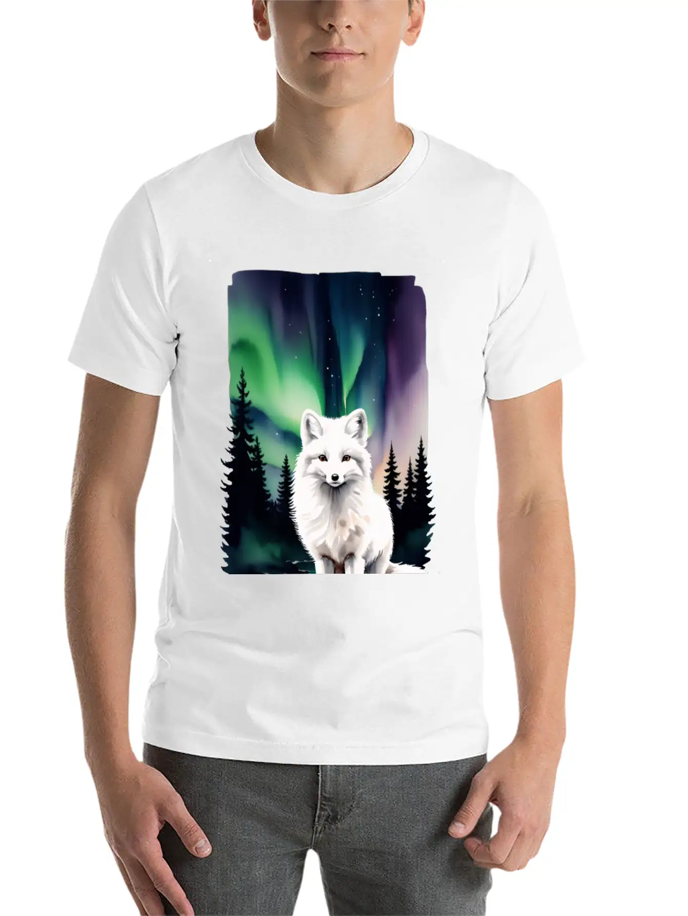 Fluffy Arctic Fox With Northern Lights Basic Graphic T-Shirt – Daily Comfort In Soft Cotton