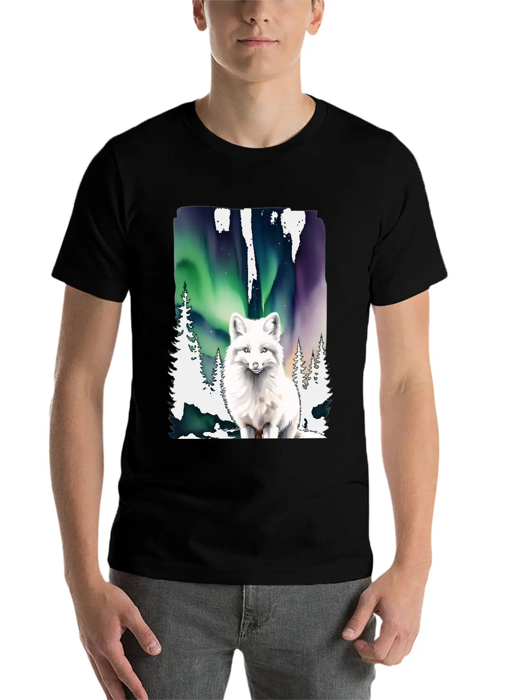 Fluffy Arctic Fox With Northern Lights Basic Graphic T-Shirt – Daily Comfort In Soft Cotton