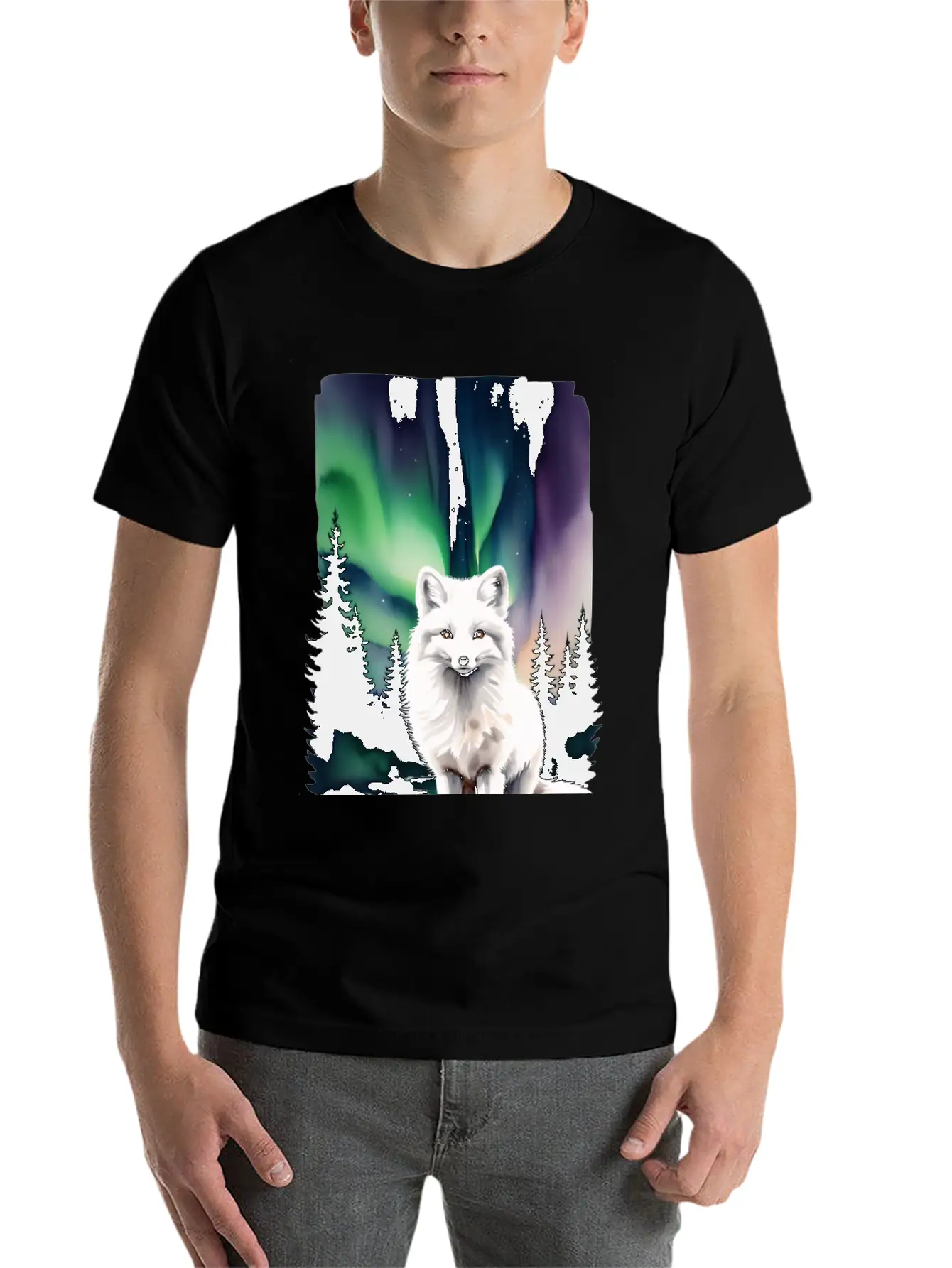 Fluffy Arctic Fox With Northern Lights Basic Graphic T-Shirt – Daily Comfort In Soft Cotton