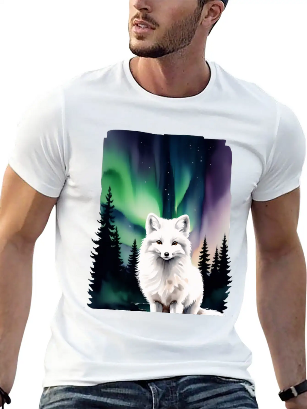 Fluffy Arctic Fox With Northern Lights Basic Graphic T-Shirt – Daily Comfort In Soft Cotton