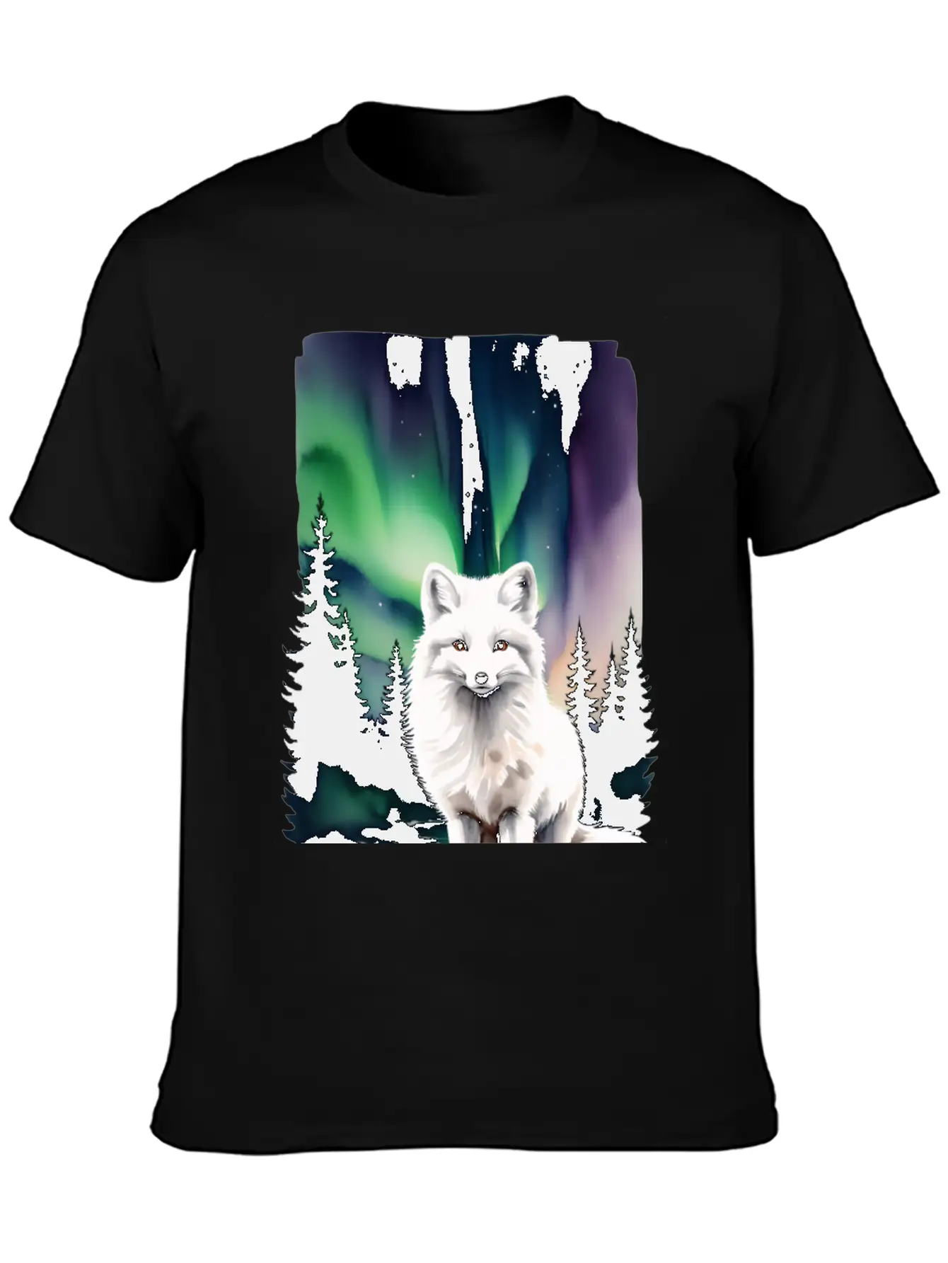 Fluffy Arctic Fox With Northern Lights Basic Graphic T-Shirt – Daily Comfort In Soft Cotton