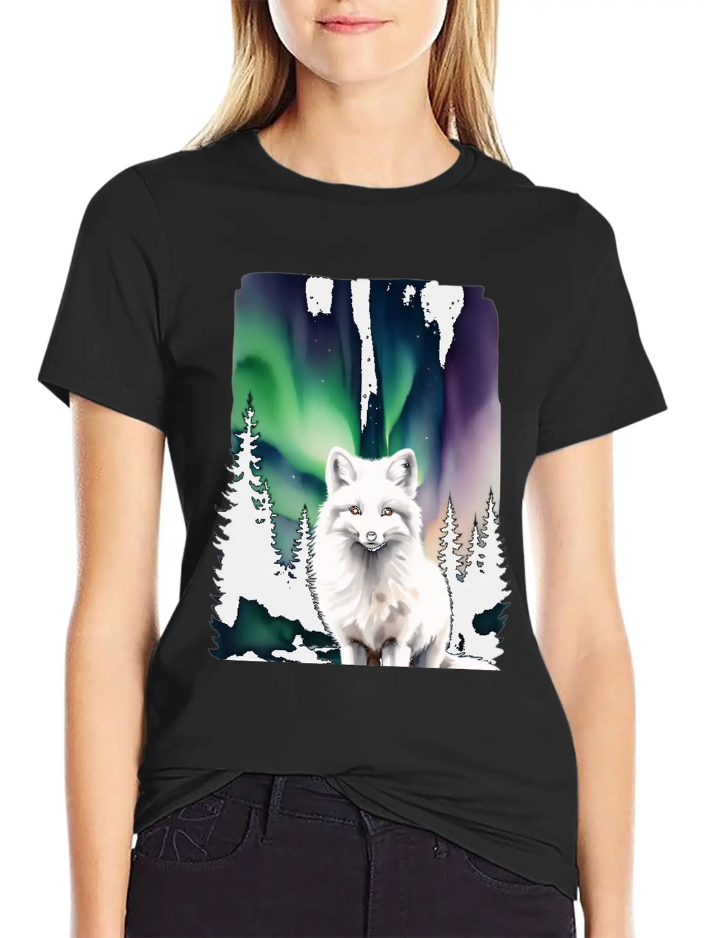 Fluffy Arctic Fox With Northern Lights Basic Graphic T-Shirt – Daily Comfort In Soft Cotton