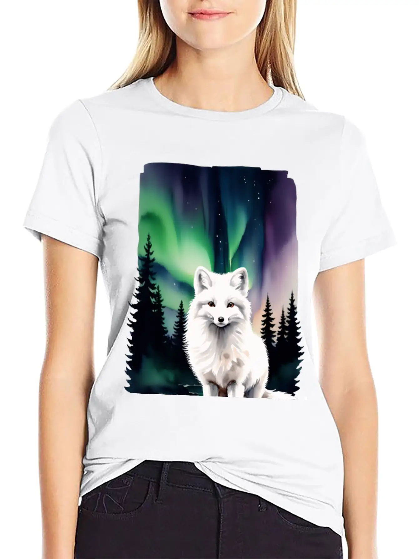 Fluffy Arctic Fox With Northern Lights Basic Graphic T-Shirt – Daily Comfort In Soft Cotton