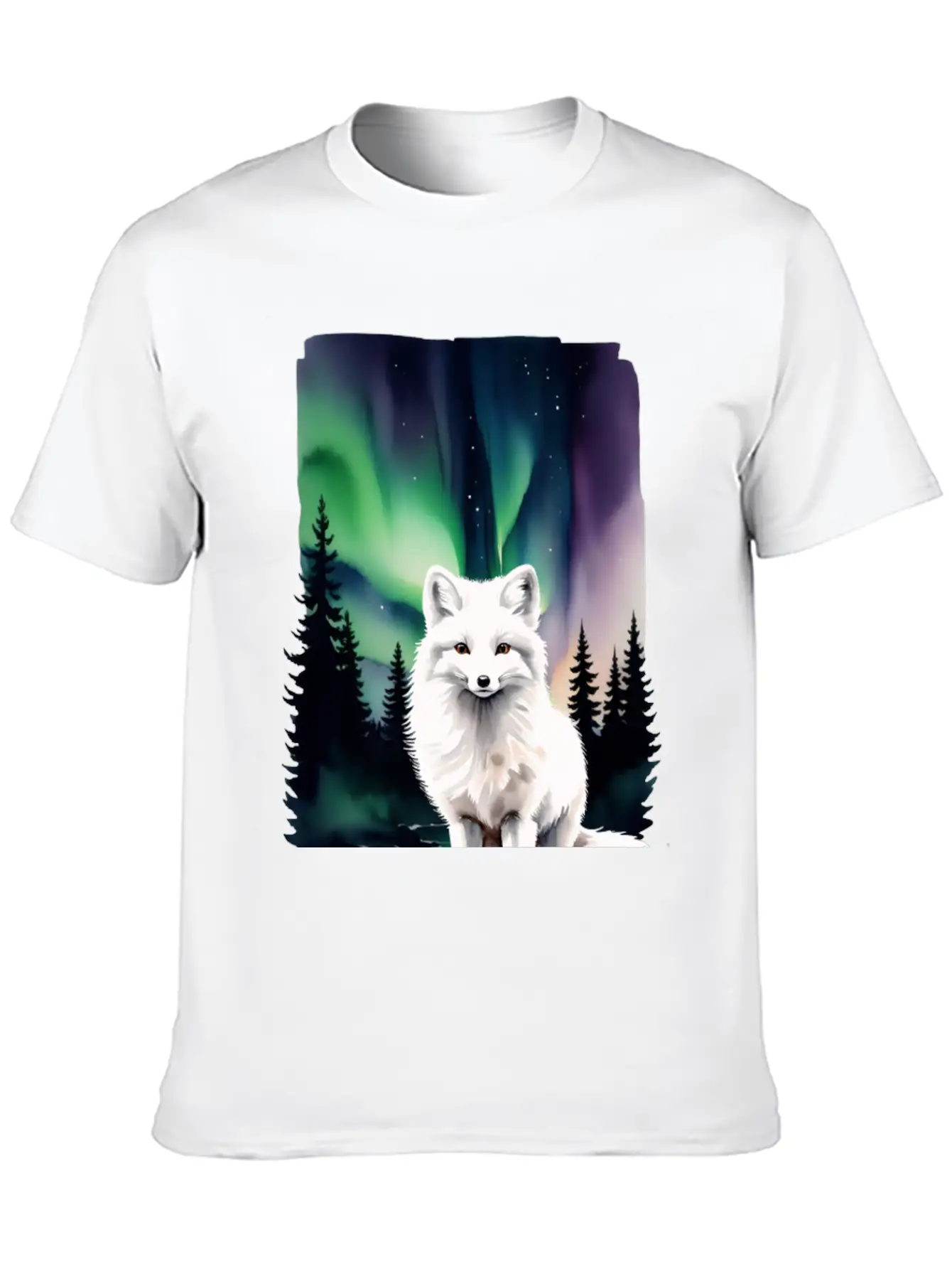 Fluffy Arctic Fox With Northern Lights Basic Graphic T-Shirt – Daily Comfort In Soft Cotton