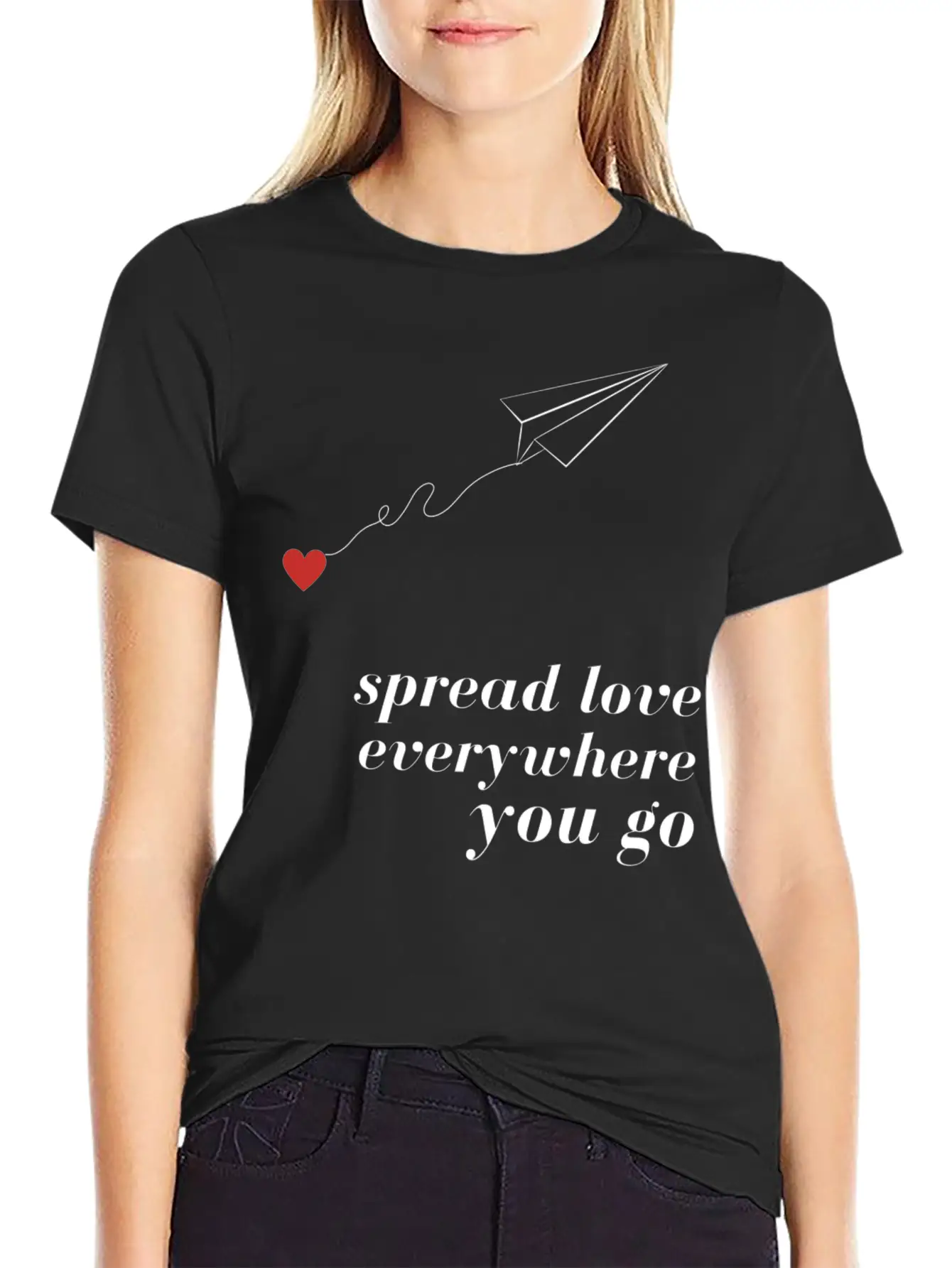 Flying Paper Airplane With Heart And Love Quotes Stylish Everyday T-Shirt – Unisex Basic Cotton Tee