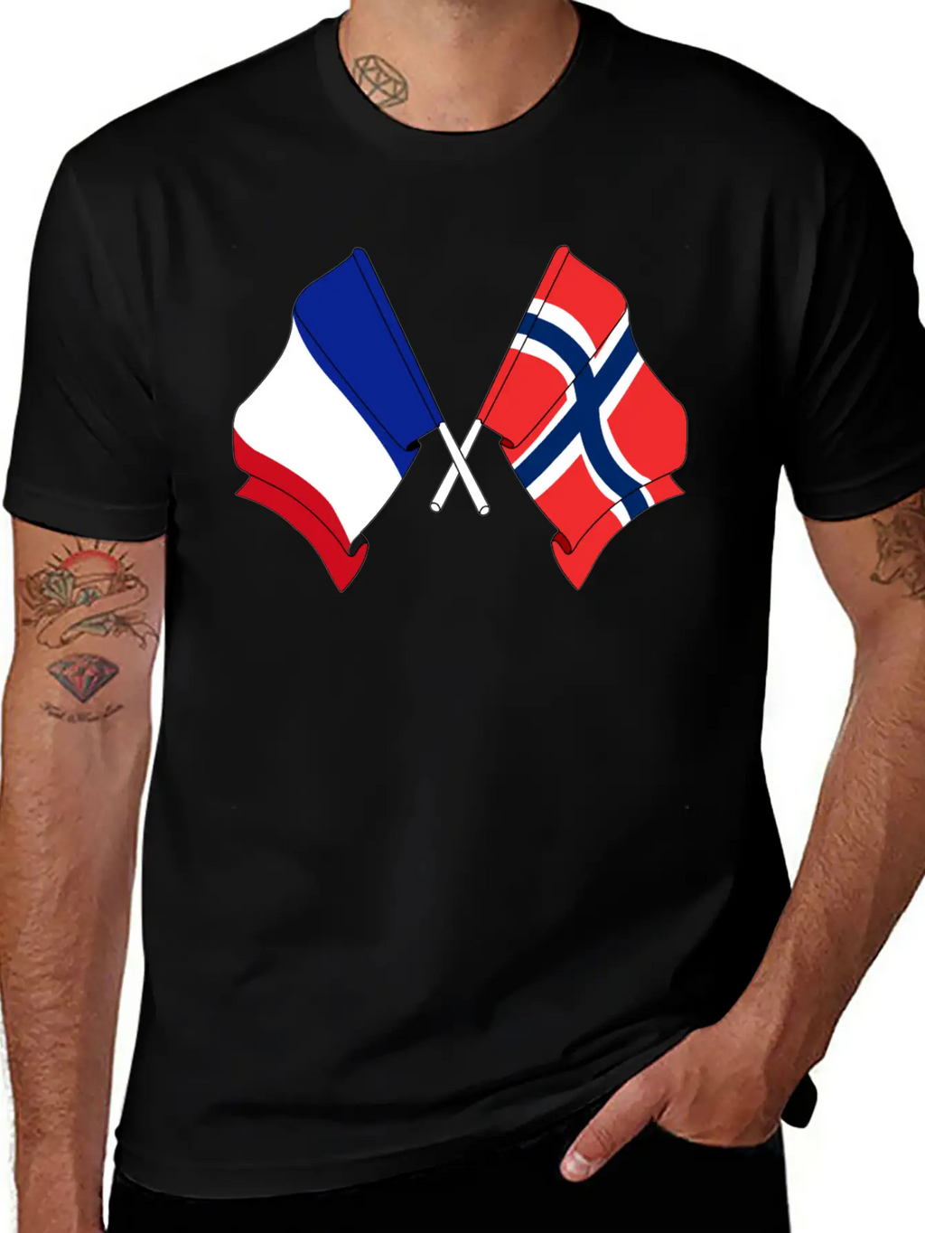 France Flag And Norway Flag Crossed Unisex Casual T-Shirt – Clean Design For Daily Comfort