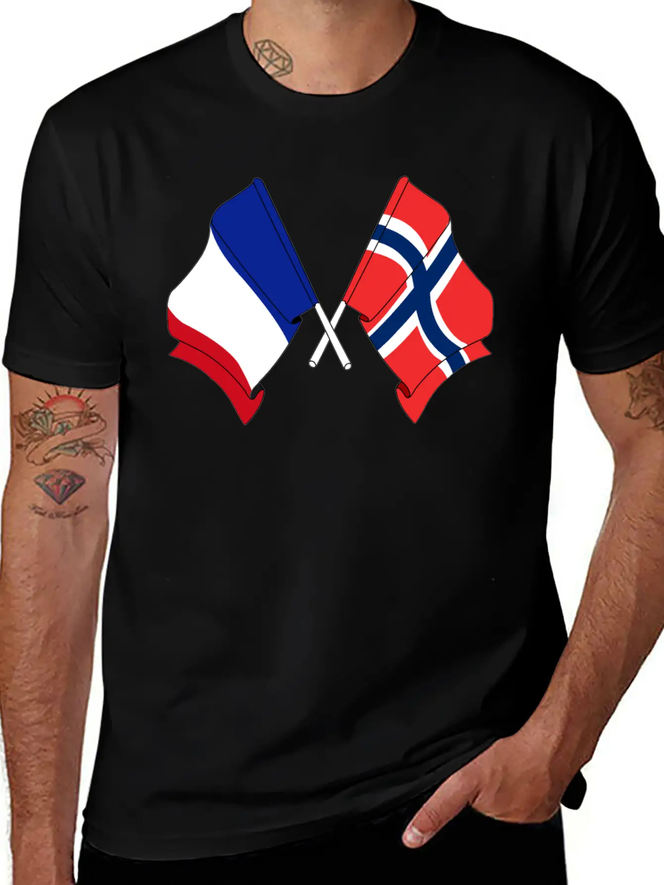 France Flag And Norway Flag Crossed Unisex Casual T-Shirt – Clean Design For Daily Comfort