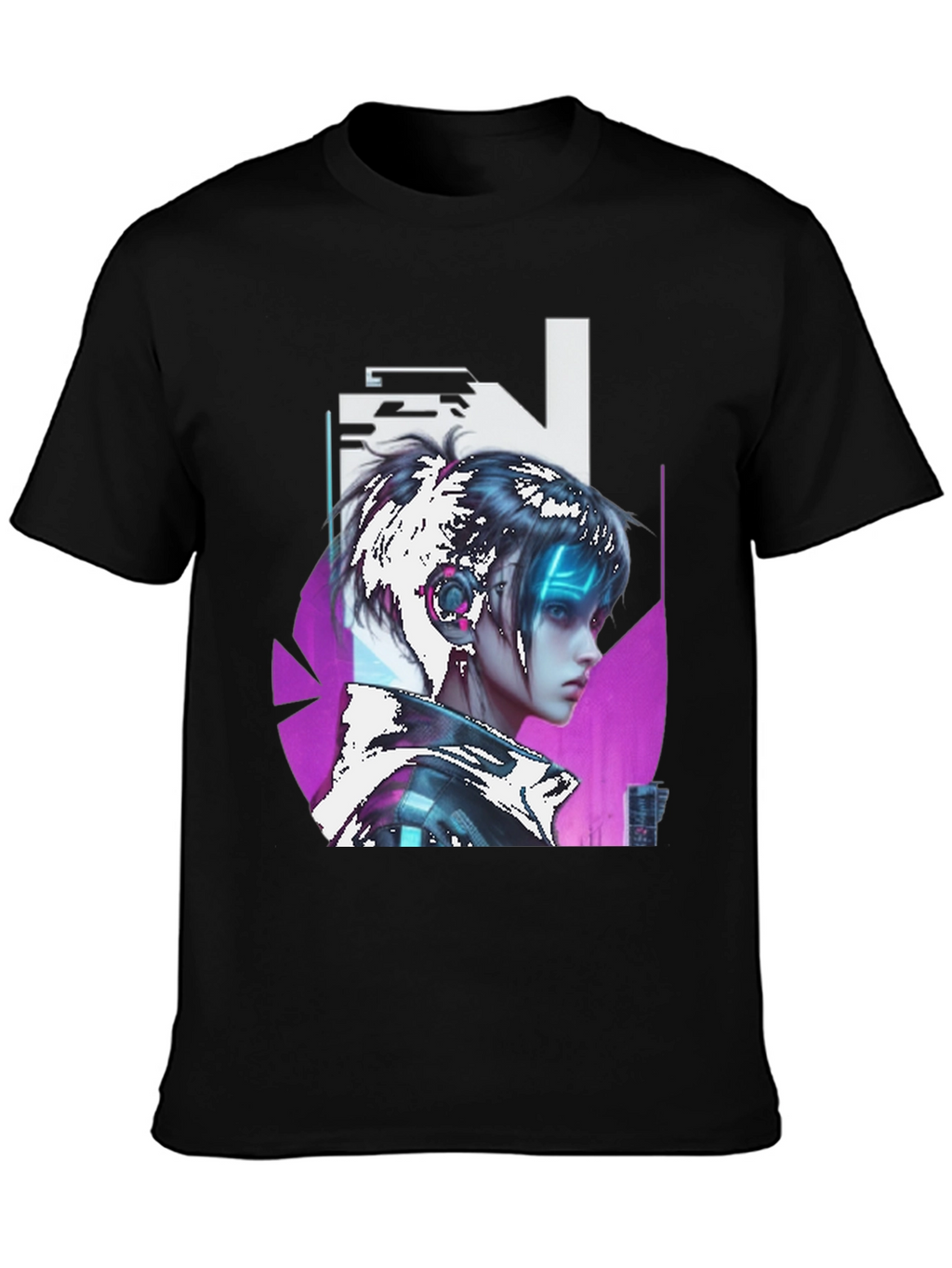 Cyberpunk Girl Graphic Tee - Black Cotton T-Shirt