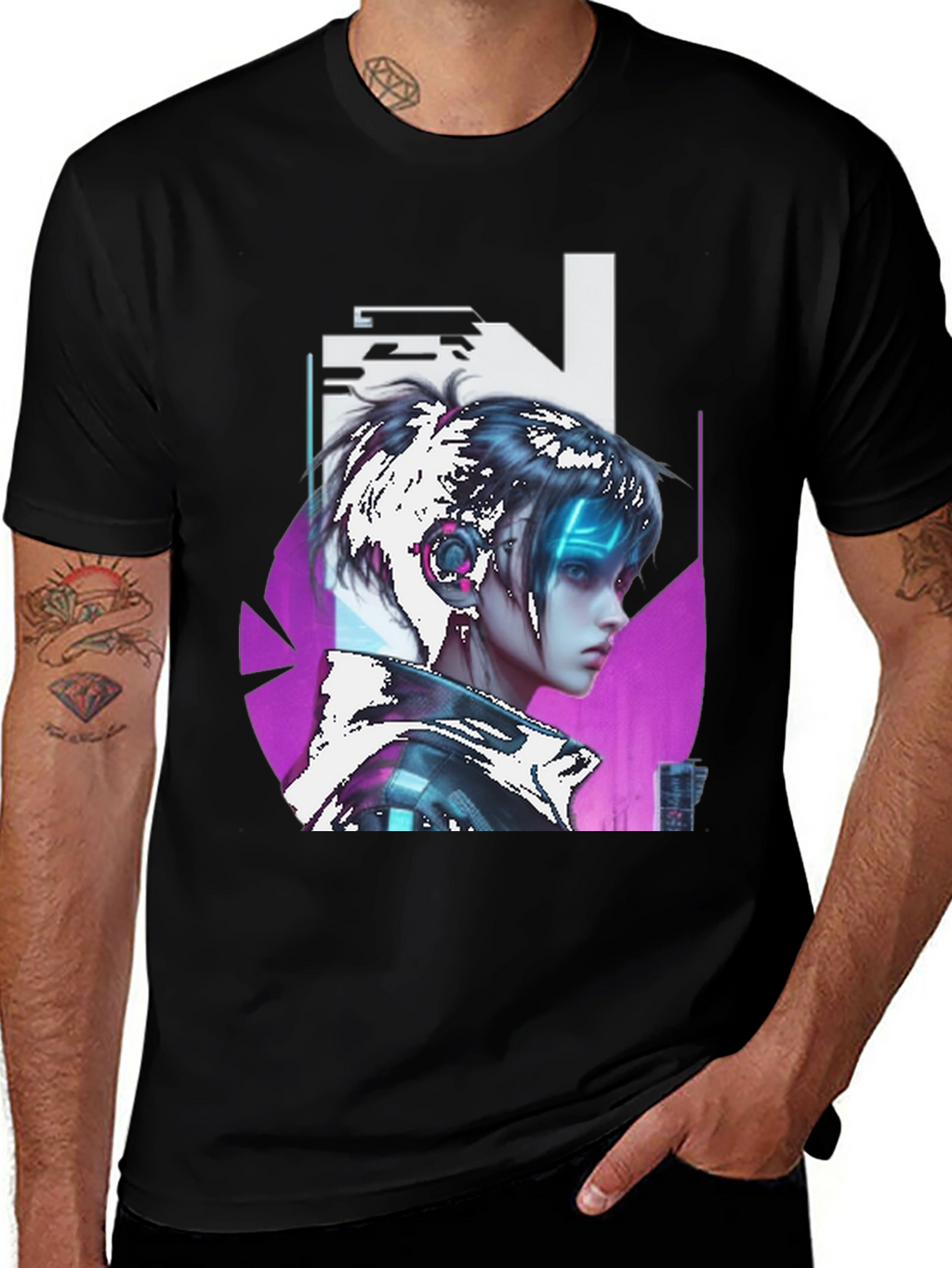 Cyberpunk Girl Graphic Tee - Black Cotton T-Shirt