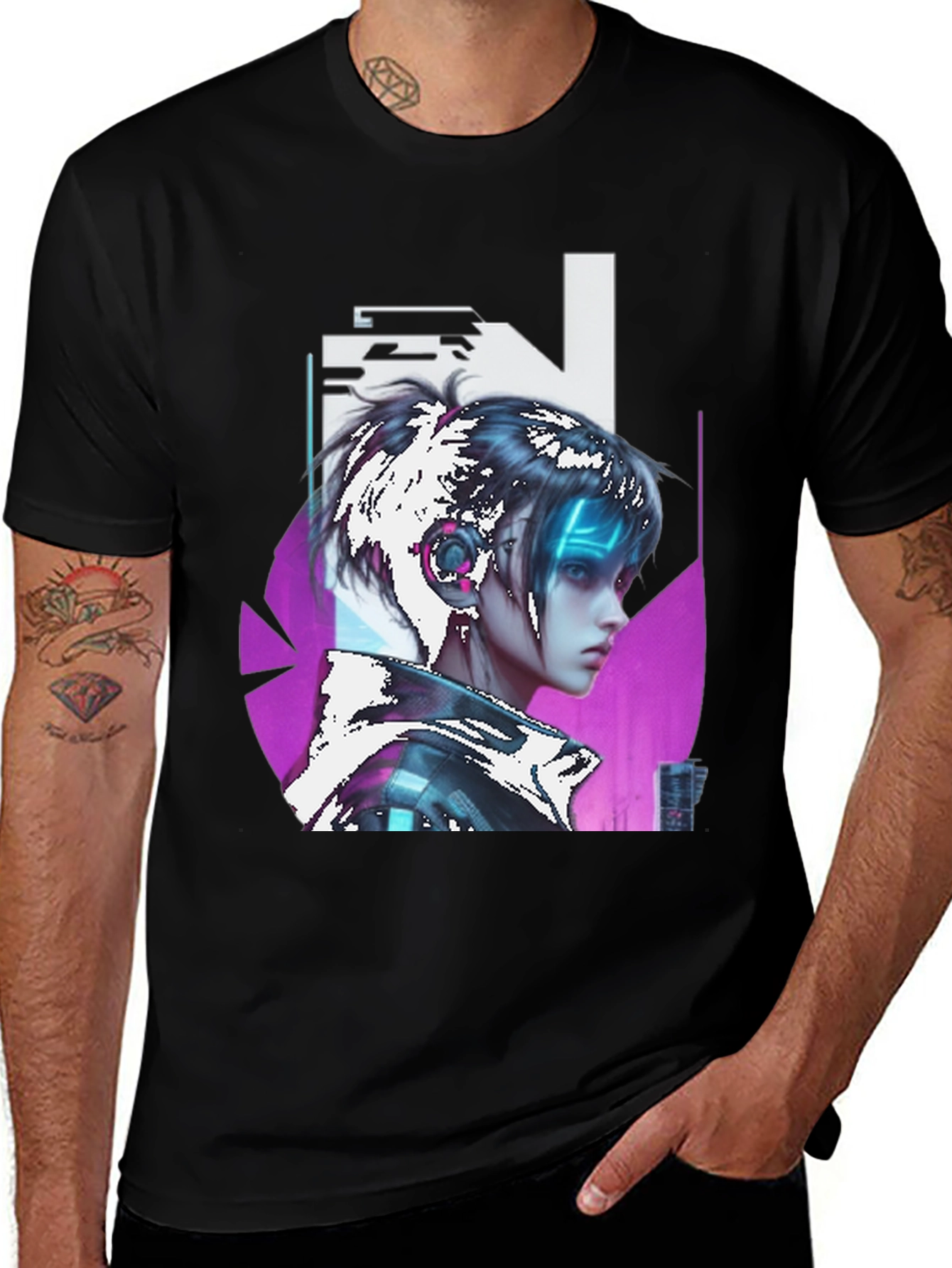 Cyberpunk Girl Graphic Tee - Black Cotton T-Shirt